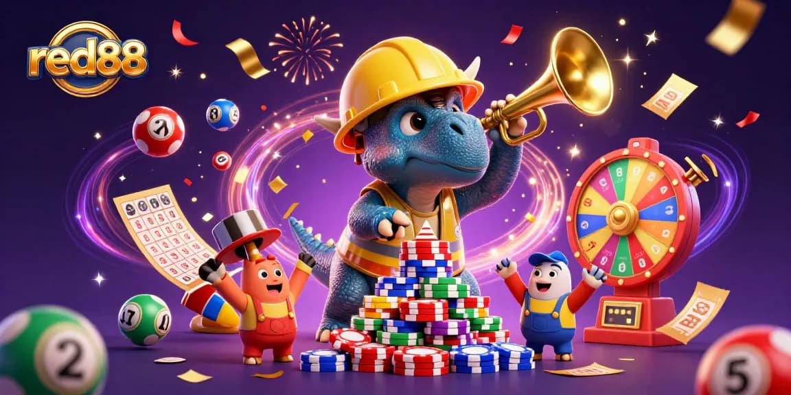 Bet big with red88 as a triceratops builds a tower of poker chips amid a gambling celebration.