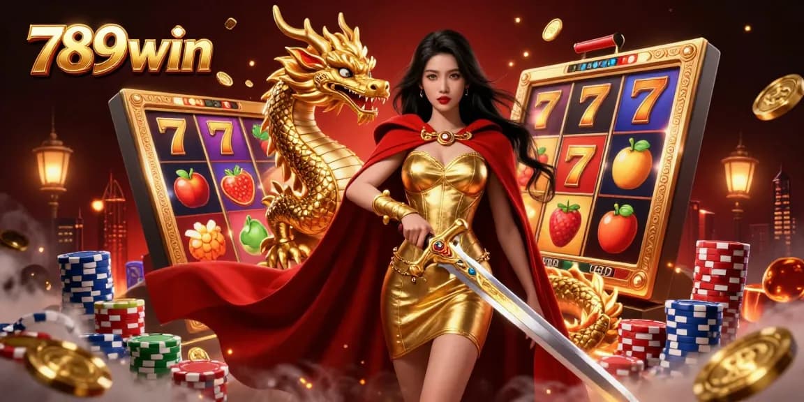 Experience thrilling gameplay at 789win with vibrant slot machines and a warrior queen, capturing the casino's essence.