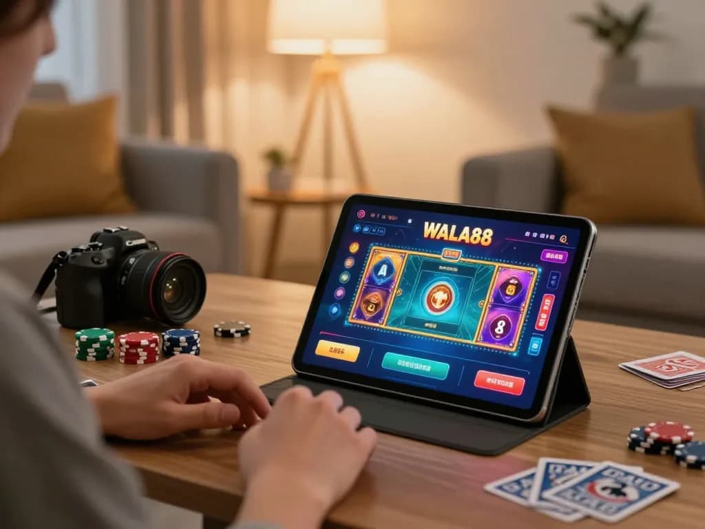 WALA88 gamer engaging with live casino action on a tablet in a cozy setting.