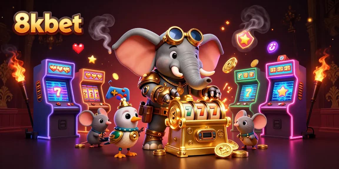 Experience thrilling 8xbet gameplay with a vibrant casino scene featuring an engineer elephant and slot machines.