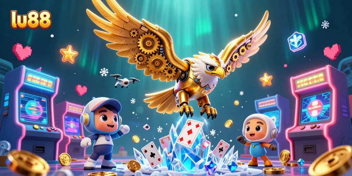 Join the excitement at lu88 with a cybernetic eagle surrounded by dazzling casino elements.