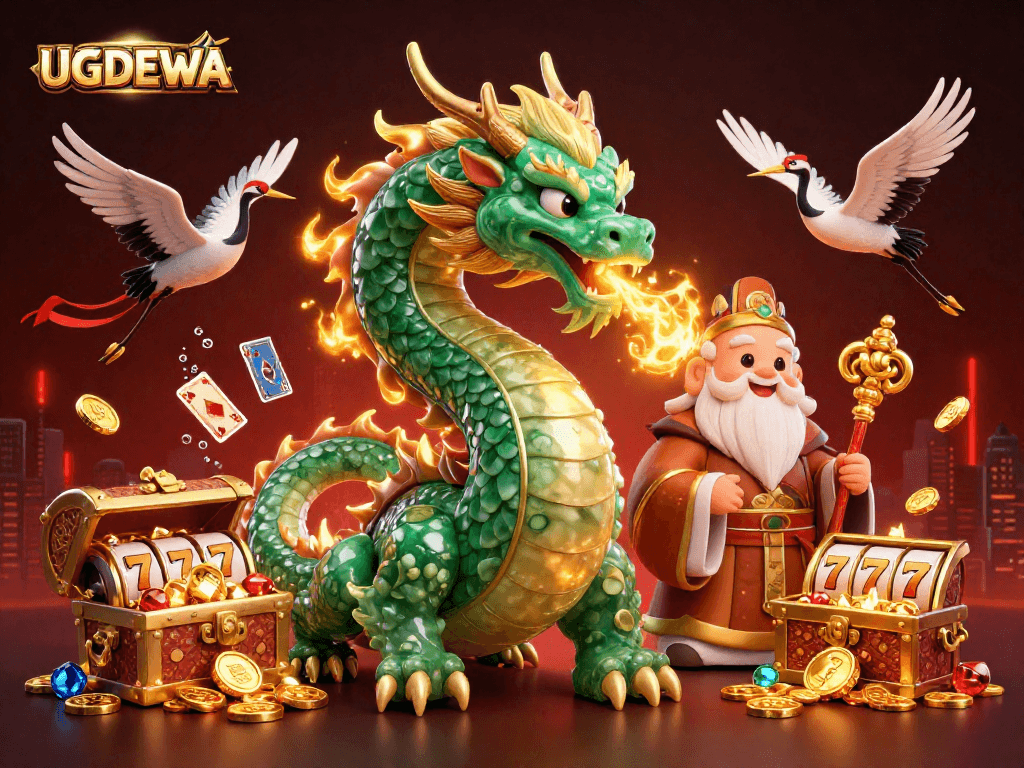 Experience thrilling wins with UGDEWA’s immersive gaming scene featuring vibrant dragons and treasures.