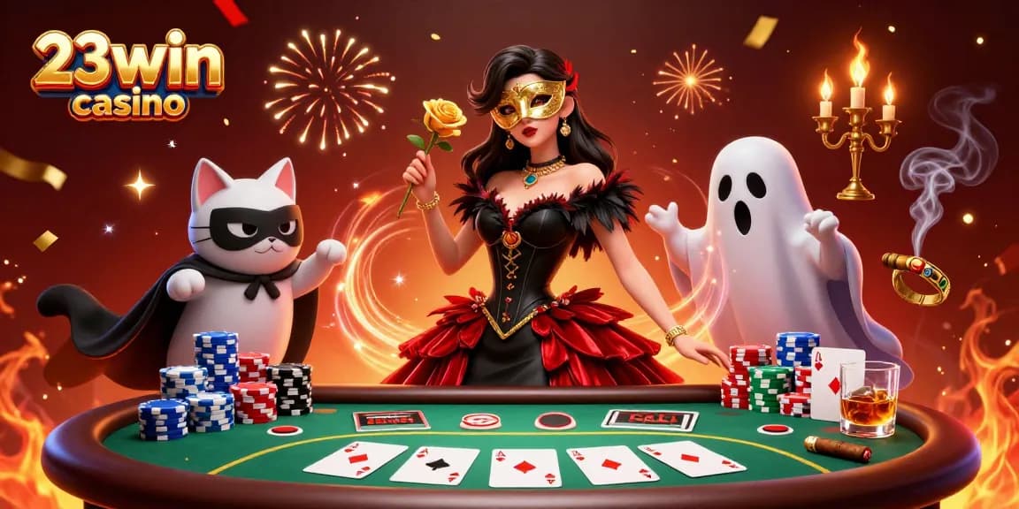 Experience the excitement of 23win casino with this vibrant illustration of poker elements and glamorous characters.