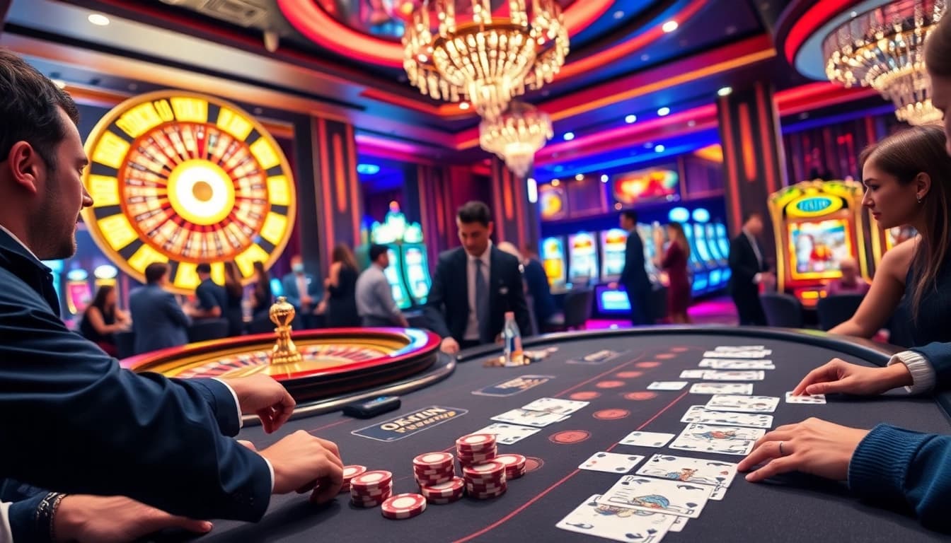 Gamblers enjoy a thrilling game at an OKFUN casino table with vibrant poker chips and cards.
