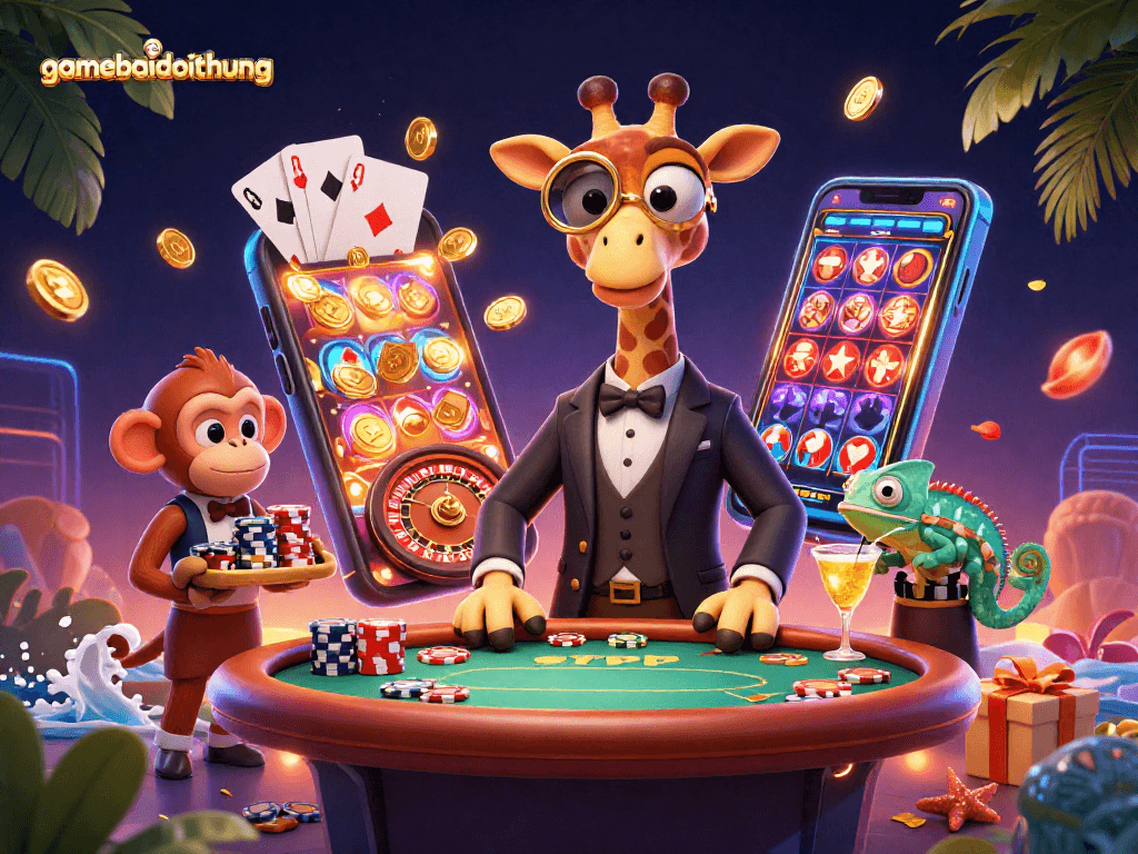 Engage with gamebaidoithuong through a vibrant 3D casino scene featuring a giraffe and monkey amidst gaming excitement.