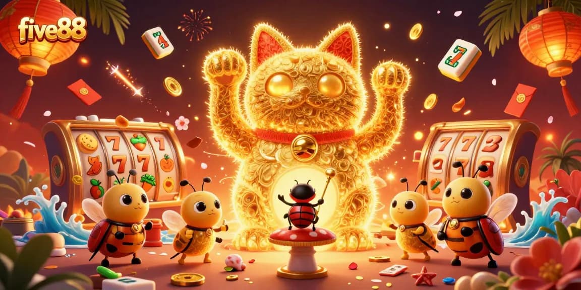 Engage in five88 casino gaming with vibrant visuals of a lucky cat and dynamic symbols.