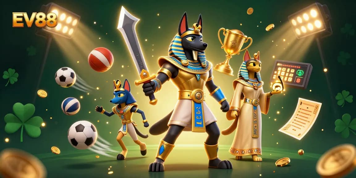 Engage with thrilling EV88 gameplay featuring Anubis and Bastet in a dynamic casino scene full of sports excitement.