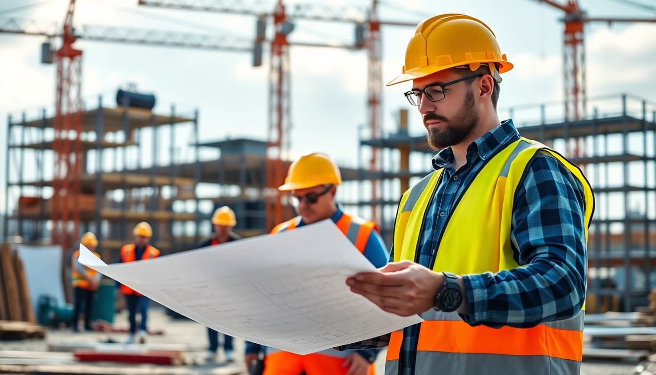 Construction career showcased by a worker analyzing plans amidst an active job site.