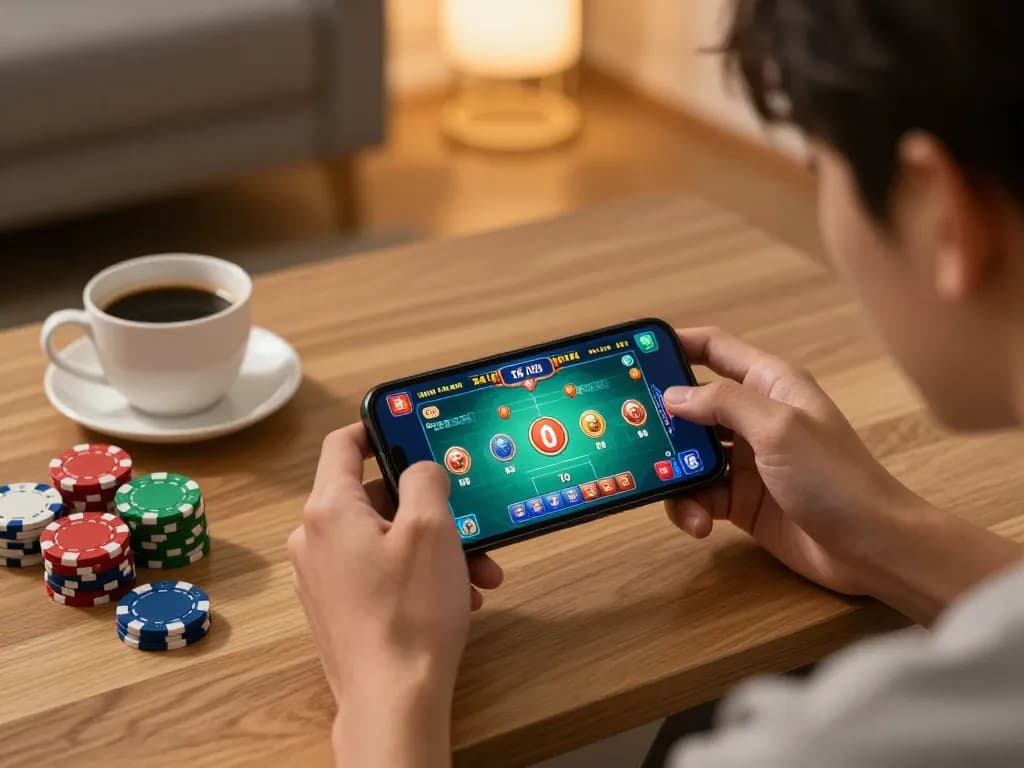 Engaging in a thrilling game tài xỉu on a smartphone in a cozy home setting, highlighting strategic gameplay.