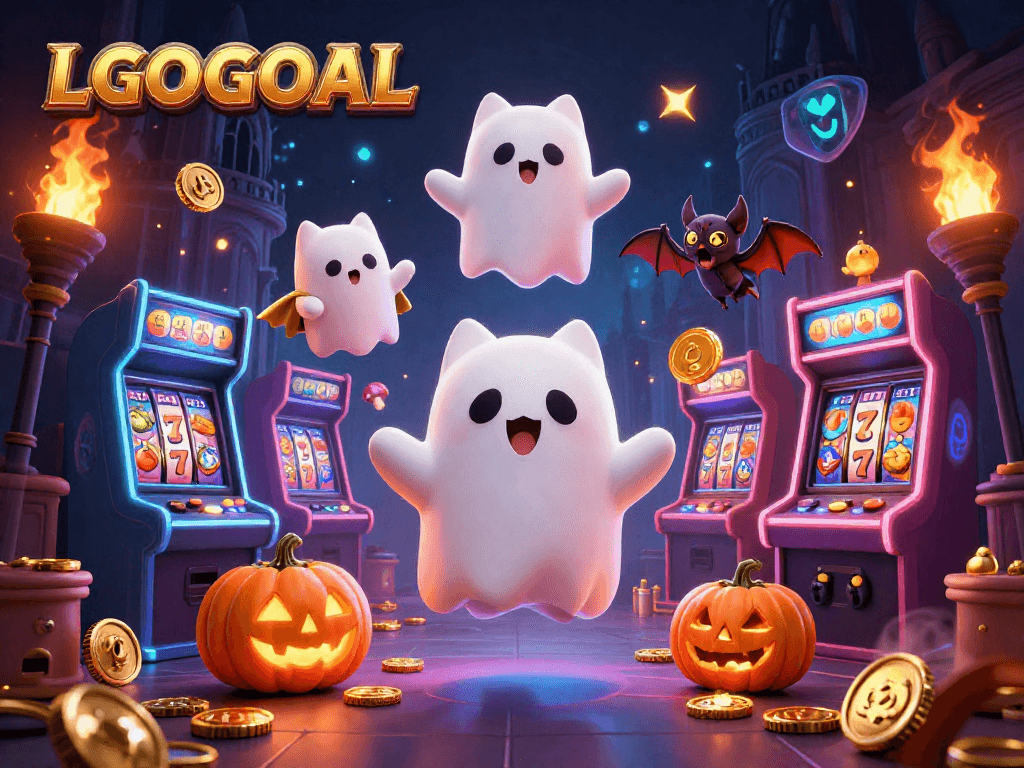 Engage with LGOGOAL's vibrant ghost cat in a haunted casino mansion amidst slot reels and golden accents.