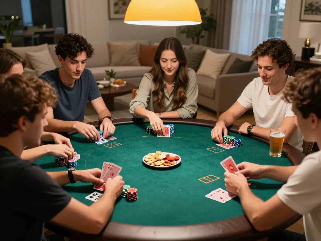 Players enjoying an engaging poker game at home, showcasing strategic play around the table with LC88 excitement.