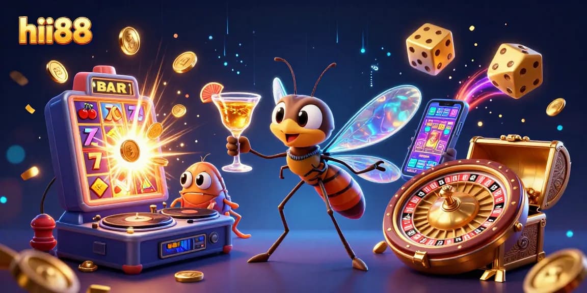 Experience the excitement at hii88 with vibrant casino elements, including a golden cocktail mascot and dynamic game symbols.