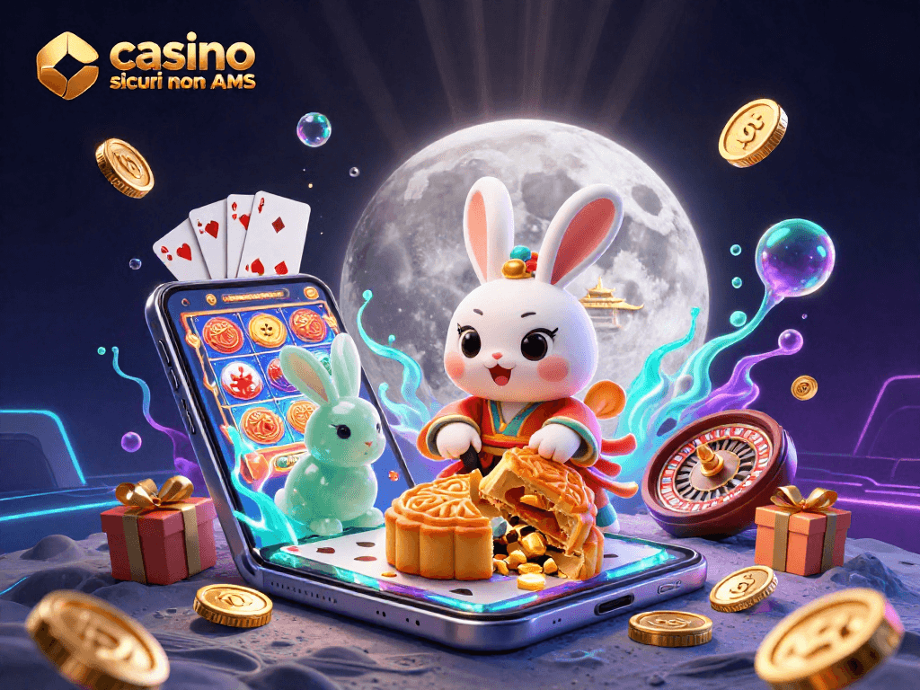 Scopri i casino sicuri non AAMS con un coniglio lunare e smartphone mentre pietre miliari si rivelano in un'atmosfera festiva.