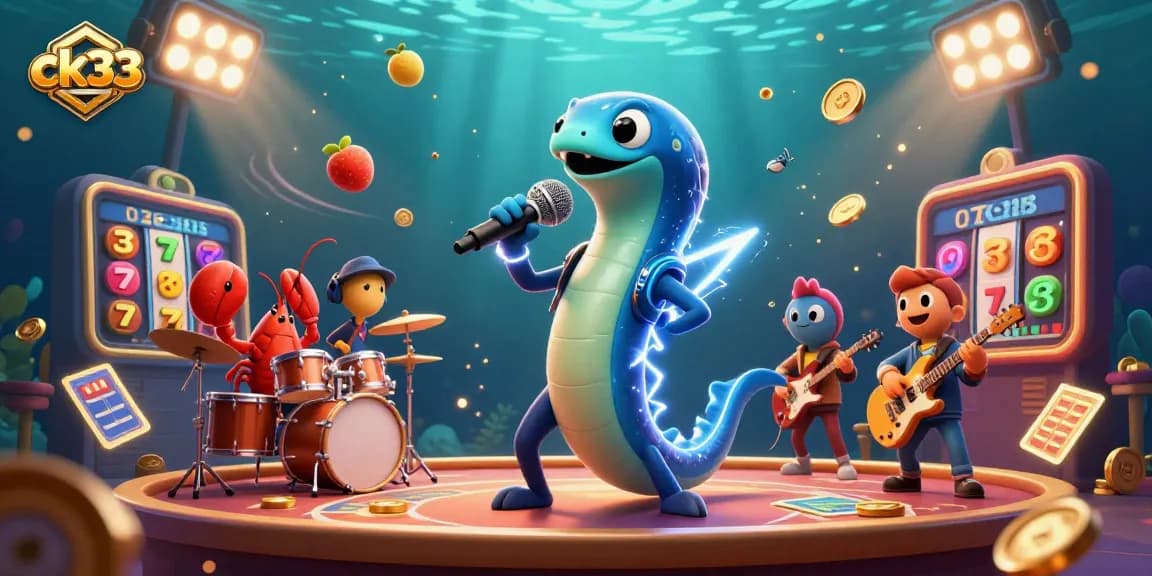 Experience an exciting ck33 casino scene with a DJ eel and vibrant slot symbols in action.