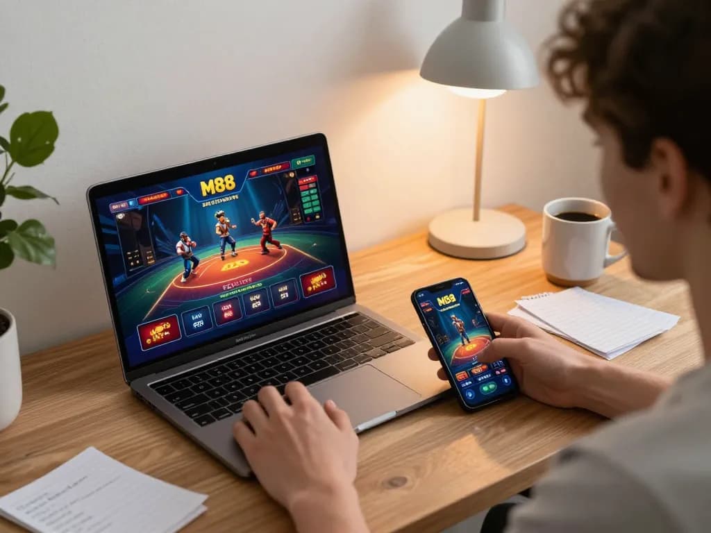 M88 online gaming setup with laptop and smartphone showing betting interface, representing engaging gambling experience
