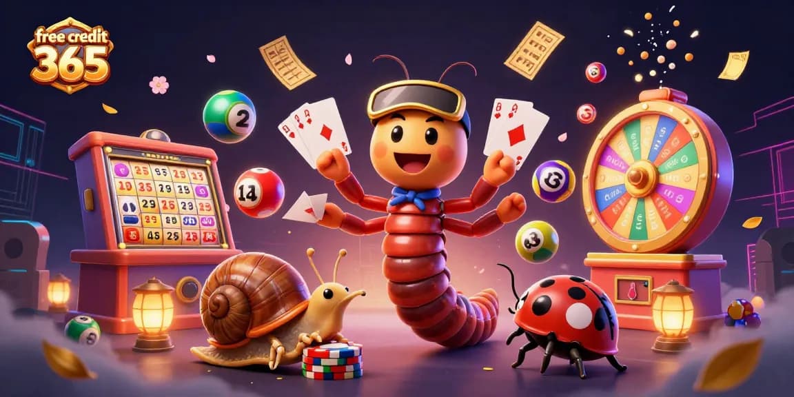 Experience the thrill of free credit 365 with colorful lottery balls and excited characters in this dynamic illustration.