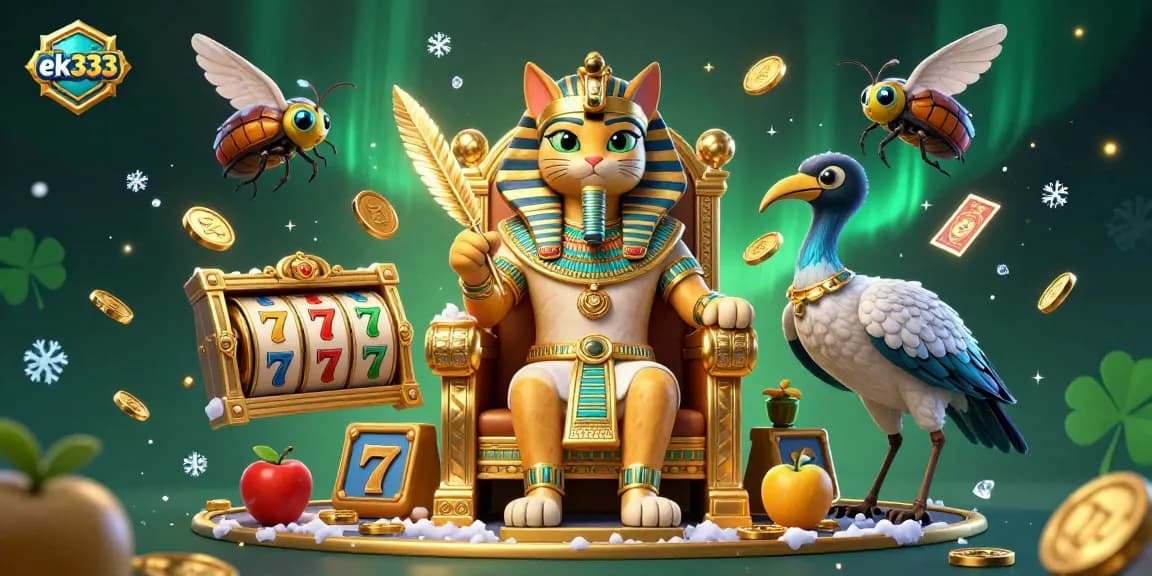 Engage in winning strategies with ek333-themed slots, featuring a pharaoh cat and vibrant symbols.