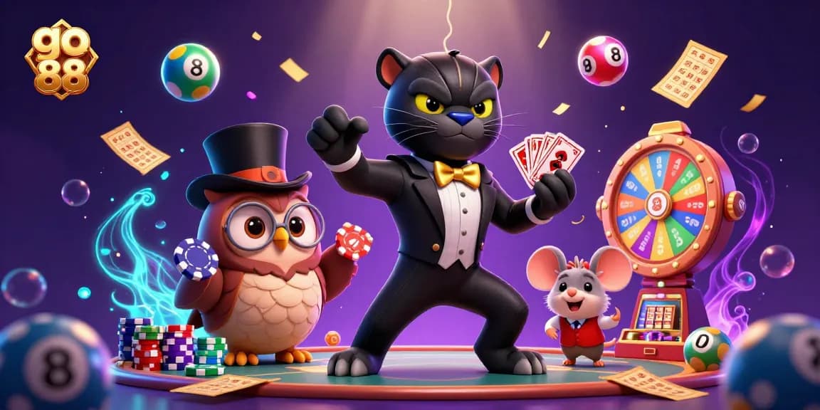 Join the fun at go 88 as stylish characters deal cards and scatter lucky game elements.