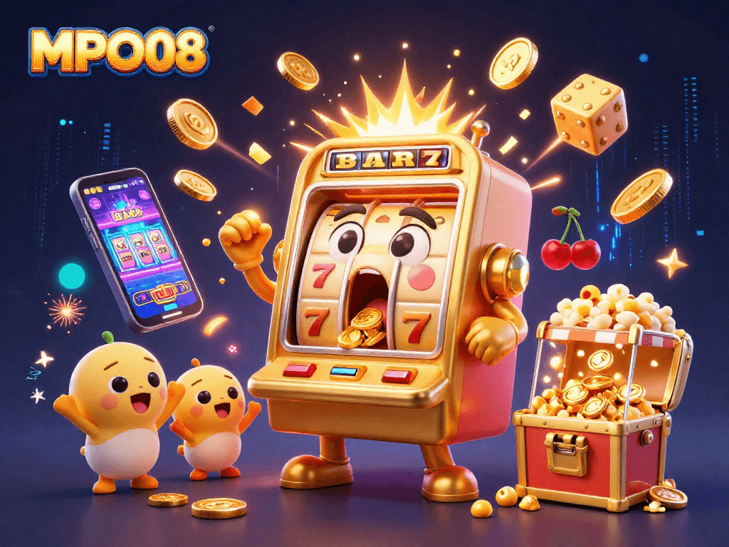 MPO08's exciting jackpot moment with a golden slot machine and vibrant casino symbols bursting forth