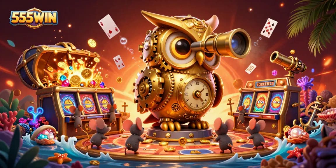Experience thrilling gameplay with 555WIN's cartoon owl overseeing a vibrant casino scene.