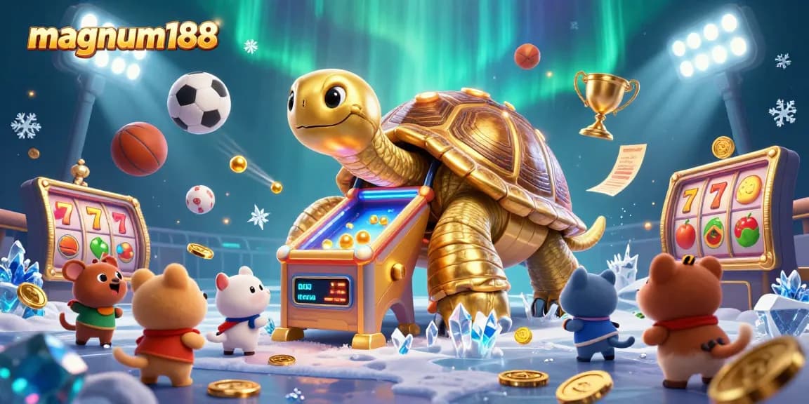 Experience excitement at magnum188 with a golden tortoise pinball machine amidst dynamic sports elements.