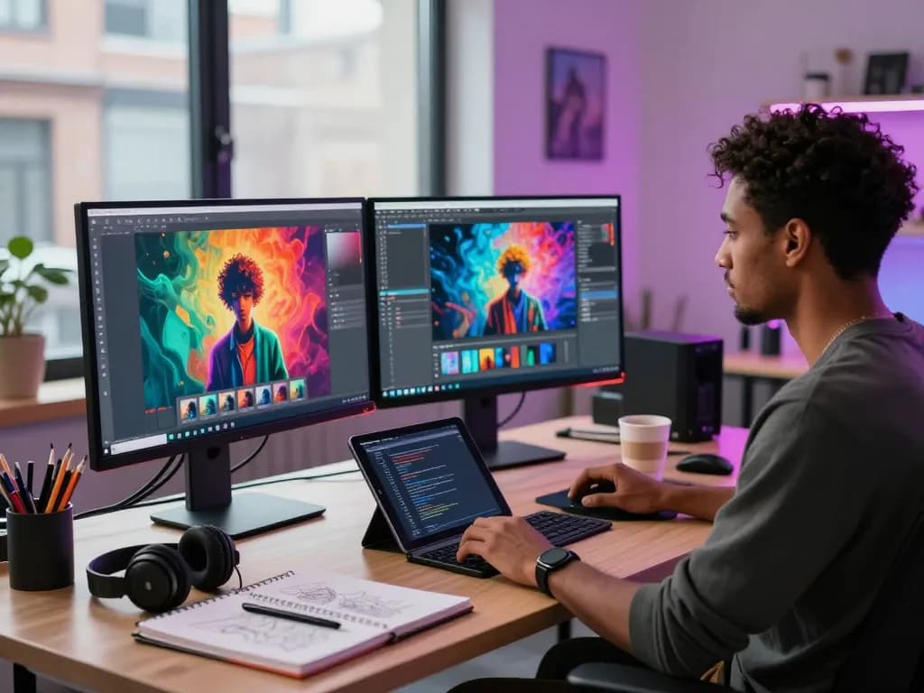 Creating AI porn art in a vibrant digital studio with monitors and artistic tools reflecting innovation.