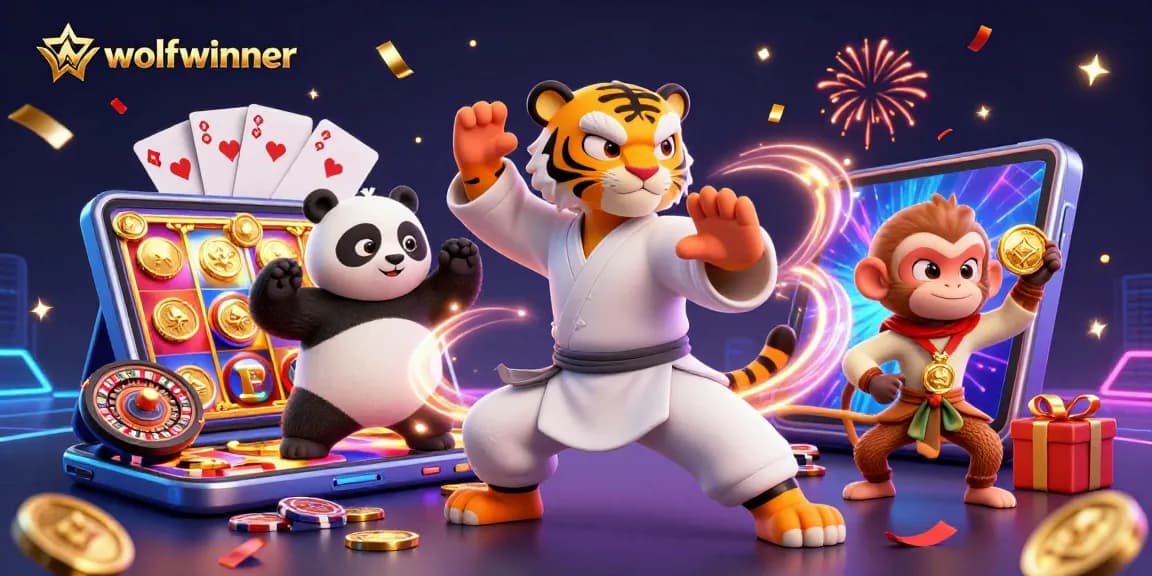 Experience the excitement at wolfwinner with a thrilling 3D scene of casino characters and games.