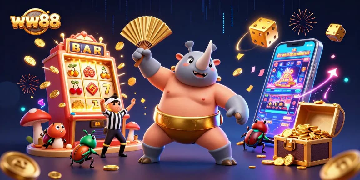 Experience thrilling wins at ww88 with vibrant casino activities featuring energetic characters and golden prizes.