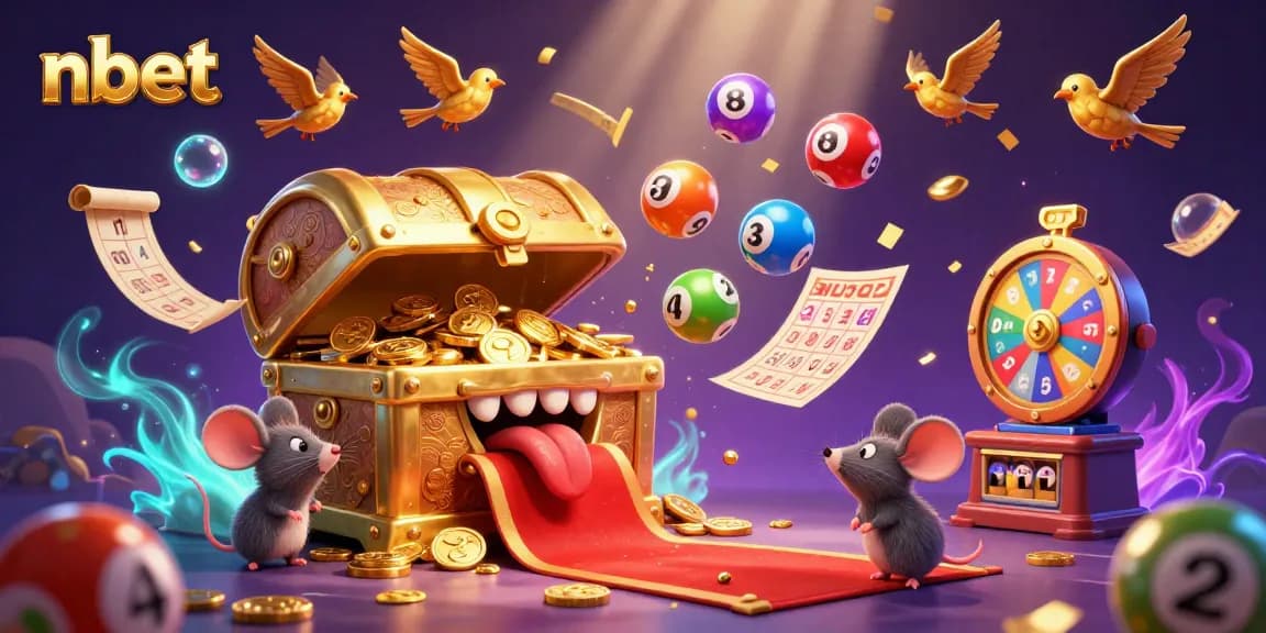 Engage with nbet's vibrant lottery scene featuring colorful elements and a treasure chest.