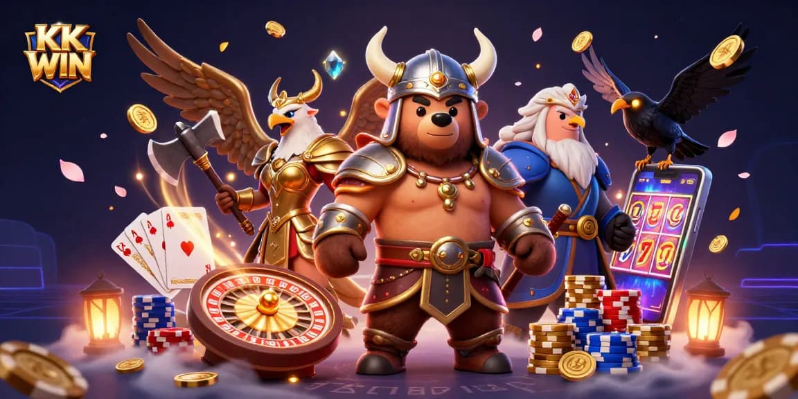 Join the excitement at KK WIN as a Viking bear and Valkyrie eagle celebrate casino games with sparkling coins and dynamic elements.