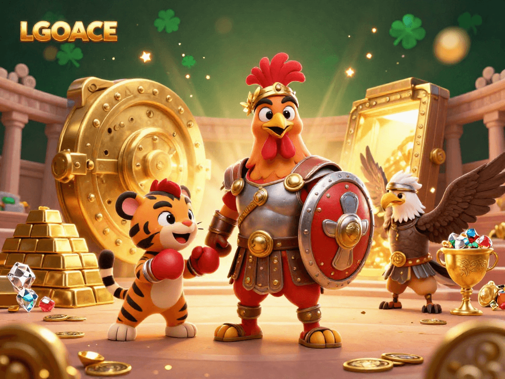 LGOACE showcases a vibrant 3D illustration with a gladiator rooster, sparring tiger cub, and eagle, surrounded by dazzling treasures.