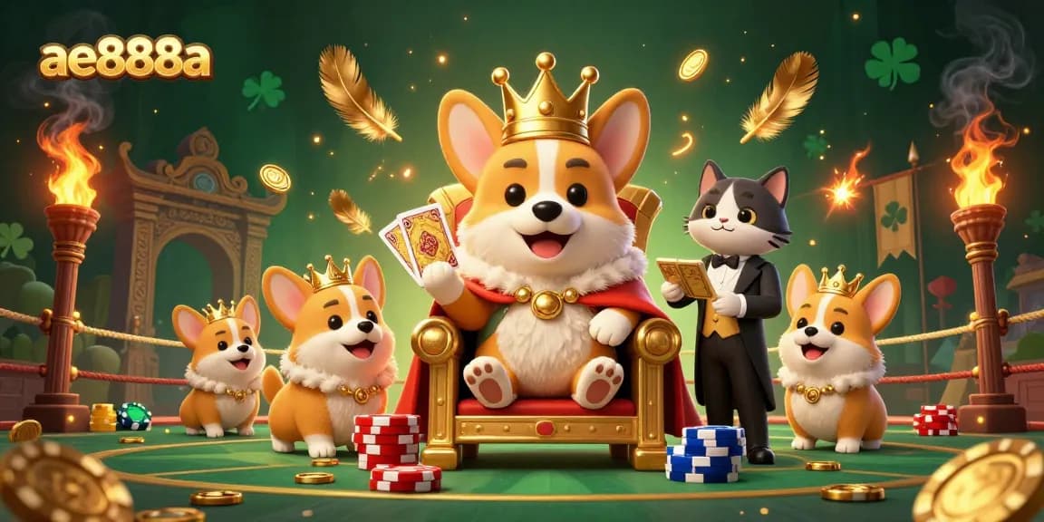 Experience epic cockfighting action with ae888a's vibrant 3D illustration showcasing a royal corgi king.