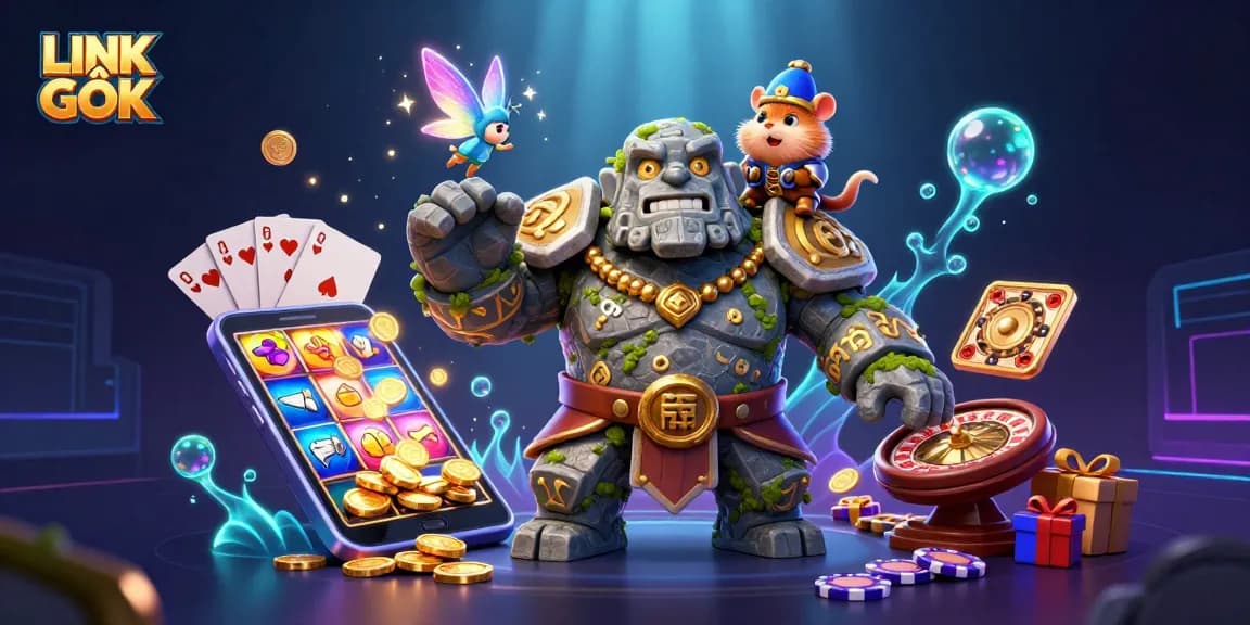Engage with LINK GỐC as the golem and fairy bring luck in this vibrant gambling scene.