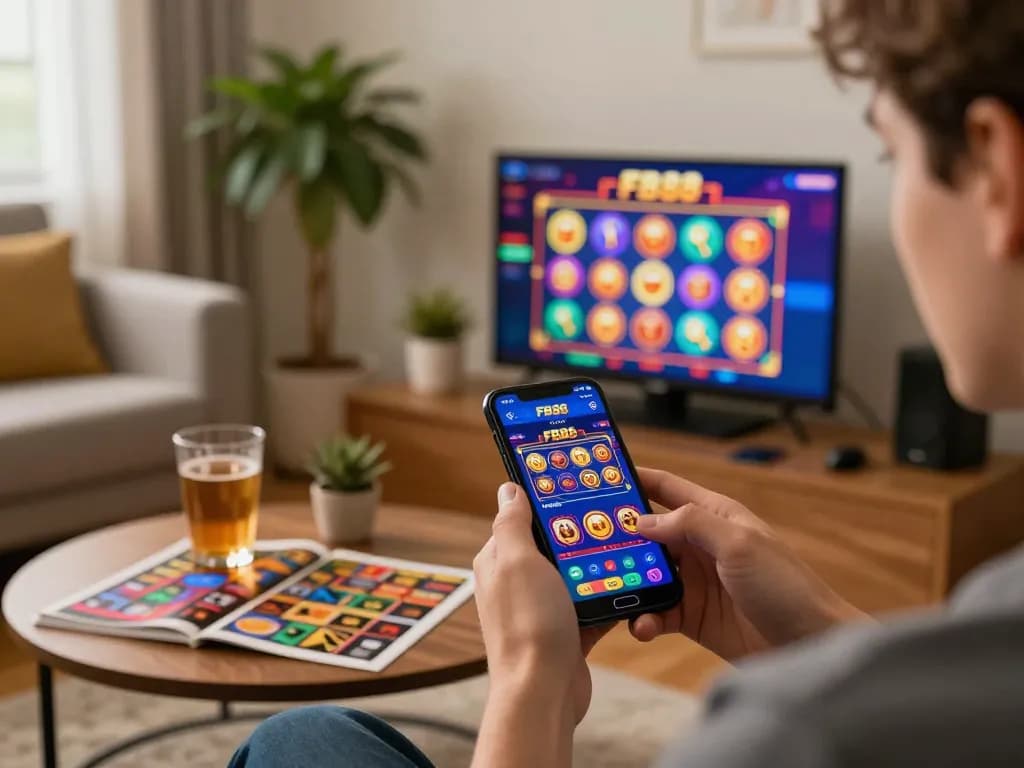 Engaging with FB88 đăng nhập on a smartphone at home in a cozy gaming setup.