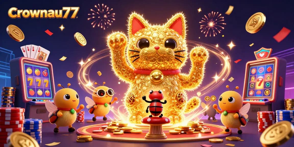 Crownau77 ignites excitement with vibrant casino elements, showcasing dynamic slots and gaming symbols.