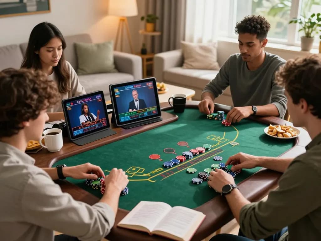 Engaged players at FLY88 enjoying a live dealer blackjack game in a cozy home setting.