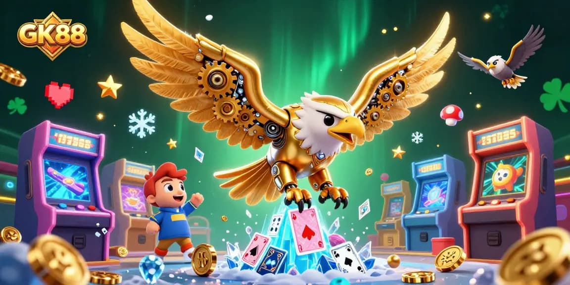 Engage with GK88's vibrant casino gaming experience featuring a cybernetic eagle amidst holographic cards.