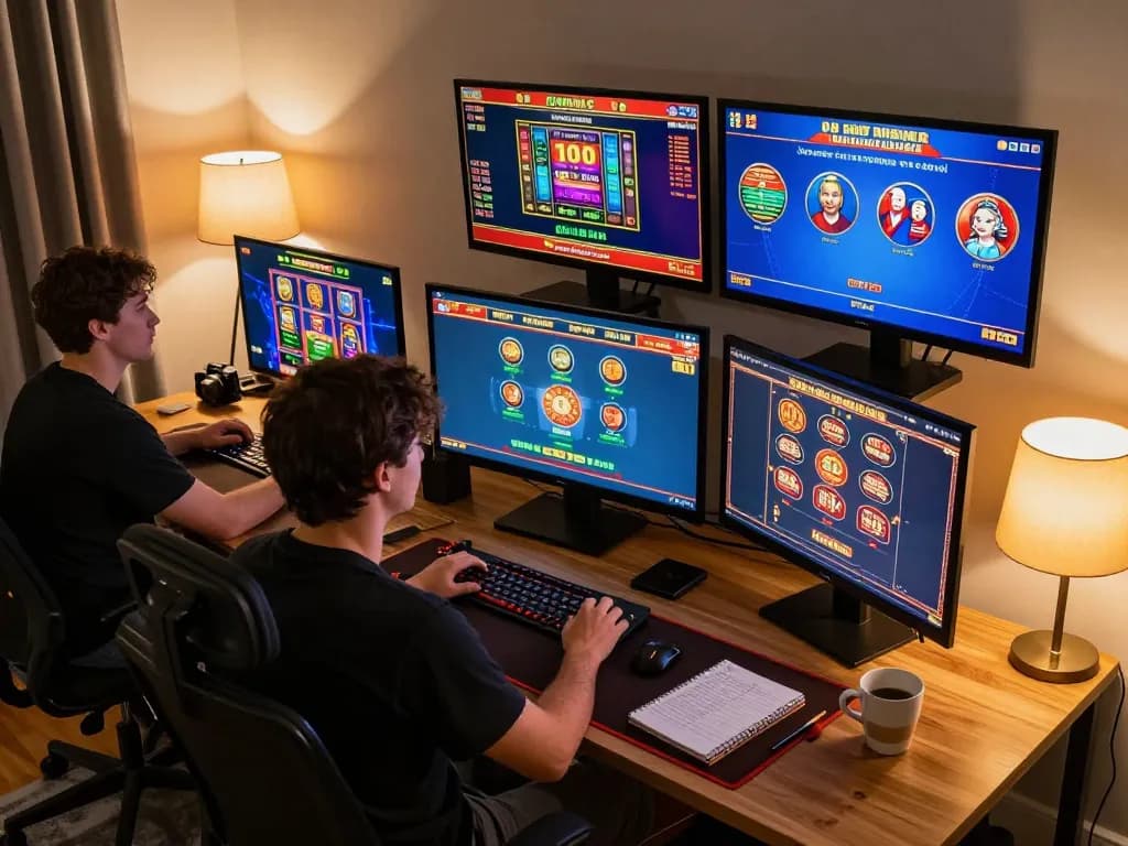 Engaging online gaming experience at Surebetsg with vibrant casino screens and cozy atmosphere.