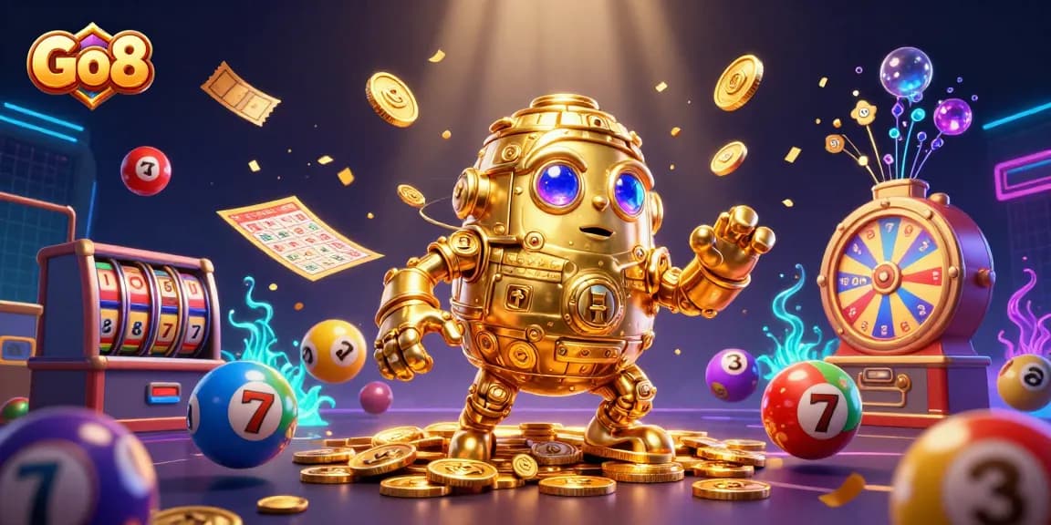 Engage with Go8's golden golem, amid vibrant lottery elements and dynamic slots.