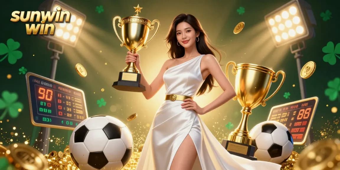 Experience winning moments with sunwin win, showcasing a confident woman with a trophy and dynamic sports elements.