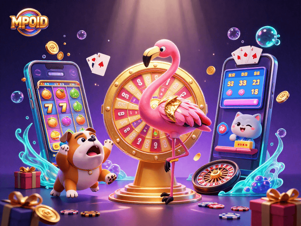 MPOID offers an exciting game show scene with vibrant characters and dynamic slot game elements, perfect for casino enthusiasts.