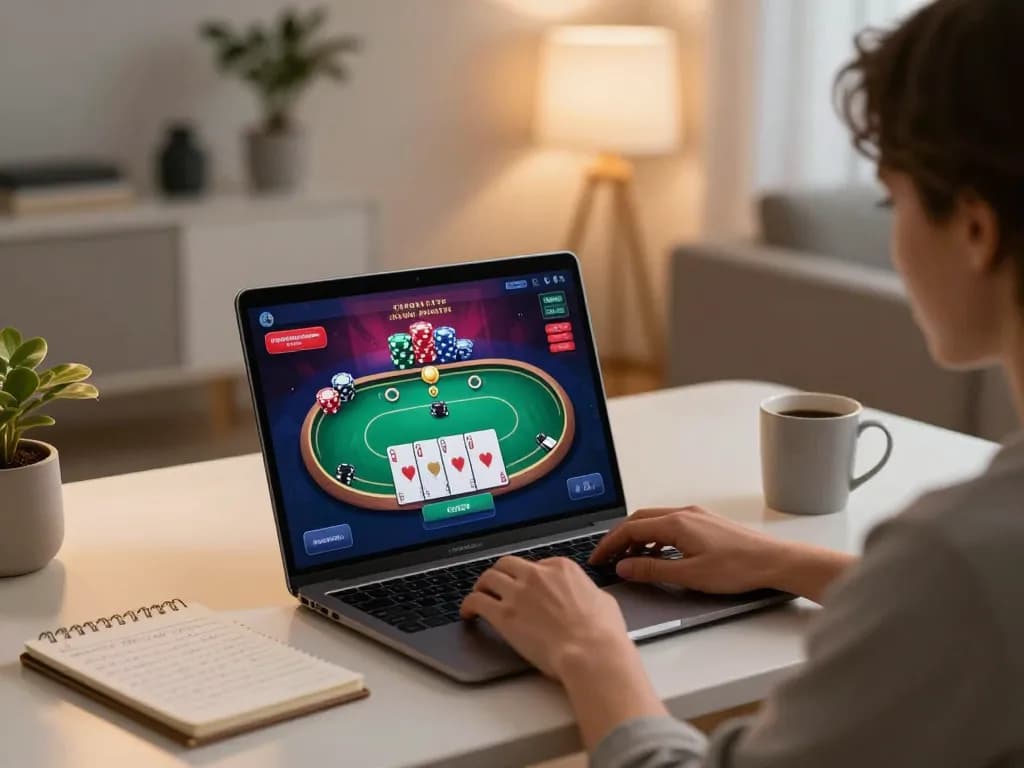 Engaging in online casino gaming at home with SC 88 poker interface visible.