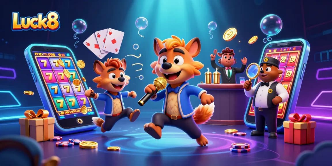 Luck8 casino scene featuring hyenas, slot games, and vibrant colors, showcasing comedy and fun.