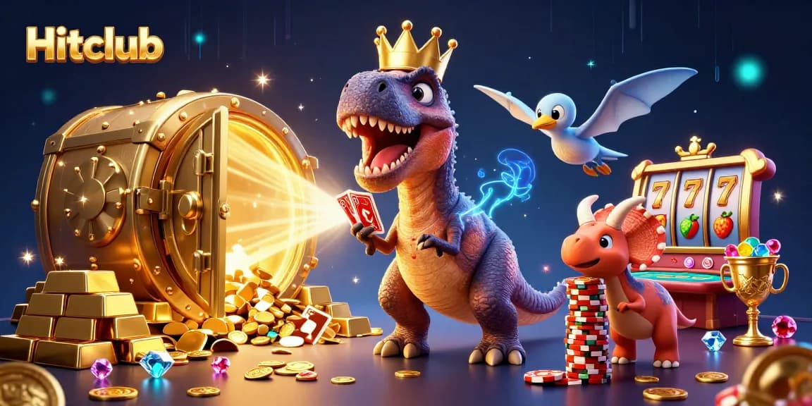 Hitclub captivates players with a thrilling casino adventure featuring a playful T-Rex and neon treasures.