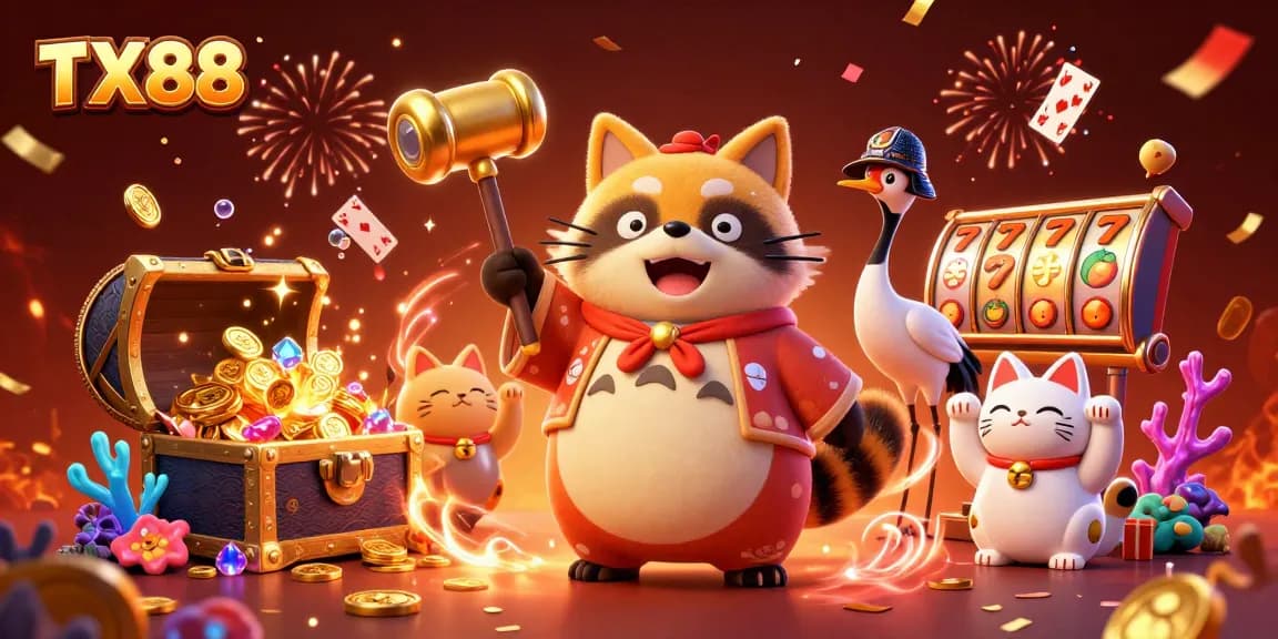 TX88 brings luck with cheerful tanuki, festival elements, and vibrant casino symbols.