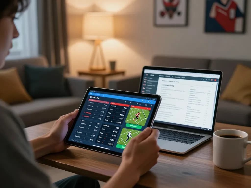 Scena coinvolgente di scommesse sportive domestiche con una persona che utilizza un tablet per accedere ai siti scommesse non AAMS con le quote di scommessa visualizzate sullo schermo.