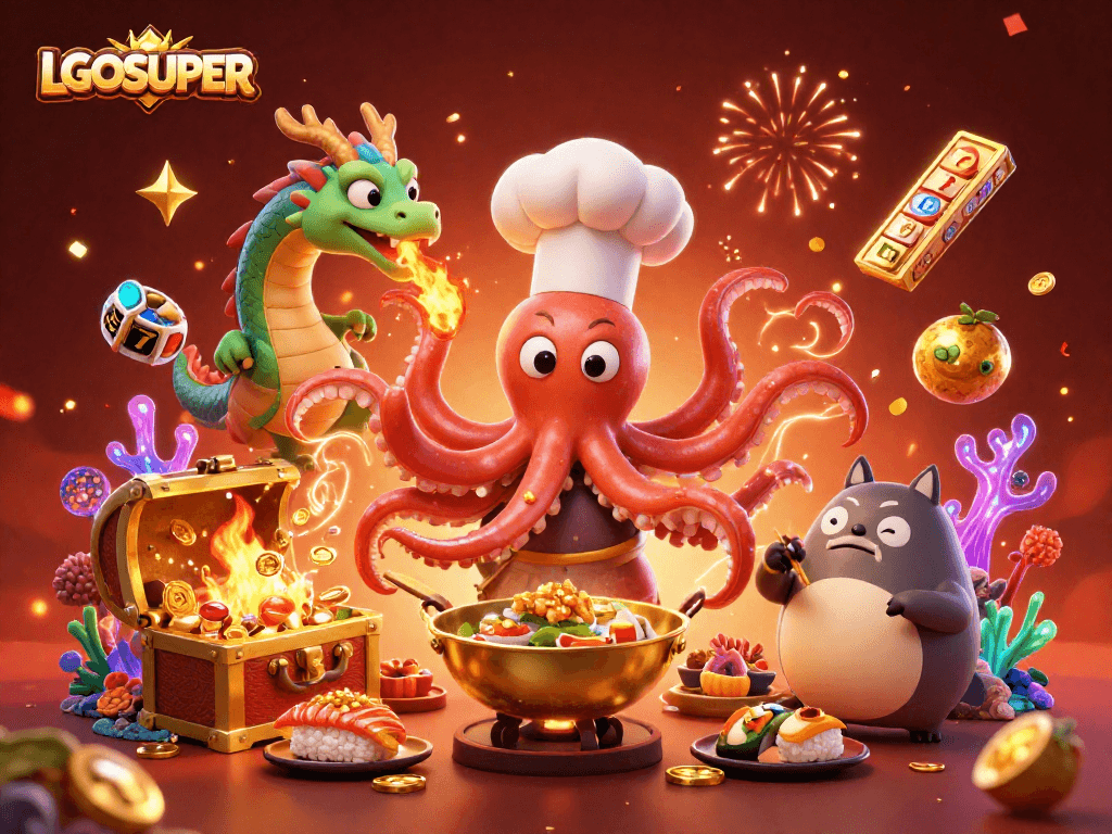 Engage with LGOSUPER's spectacular online slots through a vibrant casino-themed illustration.