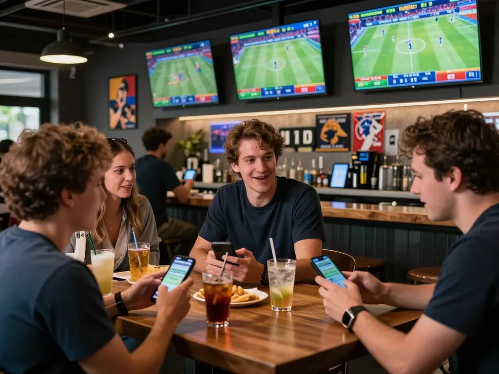 Kèo nhà cái showing enthusiastic bettors checking odds on their smartphones in a lively sports bar atmosphere.