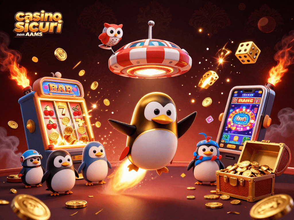 Immagine di animazione 3D rappresentante casino sicuri non AAMS con un pinguino d'oro e simboli di gioco.