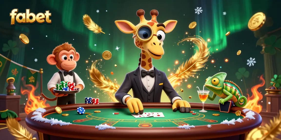 Play poker with fabet featuring a giraffe in a suit, monkey valet, and chameleon bartender.